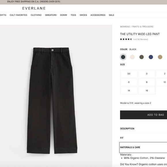 Everlane Cotton Utility Wide-Leg Pant Size 00 - Picture 5 of 5